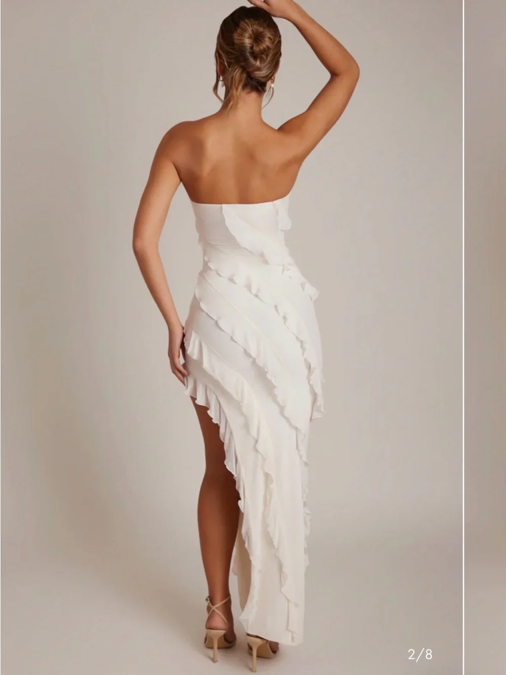 Oh Polly Nevalli Cream Ruffle Maxi Dress High Thigh Slit Size US 6 - Picture 2 of 2